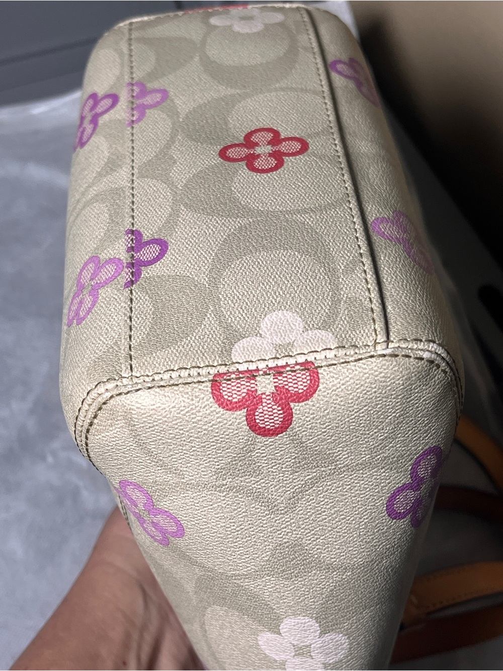 Coach Peyton Signature Canvas Tote in Purple and Pink Floral Print and Tan Trim - Picture 7 of 16